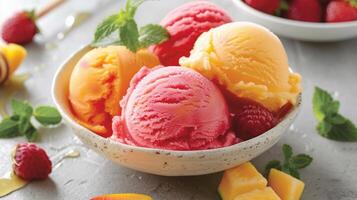 AI generated Fresh and Fruity, A bowl of vibrant sorbet made with real fruit chunks, generative AI photo