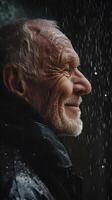 AI generated Side view portrait of a smiling elderly white male drenched in the pouring rain, generative AI, background image photo
