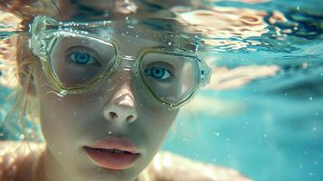 ai generado río submarino retrato de un rubia joven blanco mujer vistiendo nadando gafas de protección, generativo ai, antecedentes imagen foto