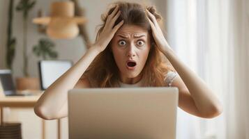 AI generated A white woman with a shocked expression and holding her head while looking at the laptop in front of her, background image, generative AI photo