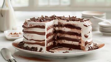 AI generated Decadent Indulgence, A chocolate ice cream cake cut open, generative AI photo