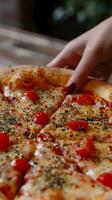 AI generated Close-up of a woman's hand holding a delicious pizza, background image, generative AI photo