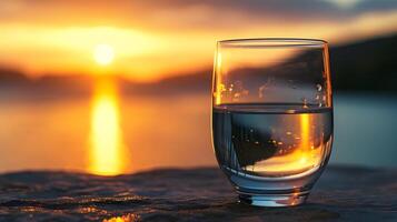 AI generated Portrait of glass half empty with sunset background, background image, generative AI photo