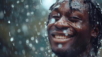 ai generado retrato de un sonriente joven negro masculino empapado en pesado lluvia, generativo ai, antecedentes imagen foto