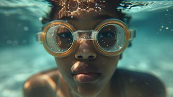 ai generado río submarino retrato de un joven negro hembra vistiendo nadando gafas de protección, generativo ai, antecedentes imagen foto