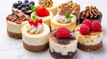 AI generated Mini Cheesecakes, assortment of mini cheesecakes with different flavors and toppings, background image, generative AI photo