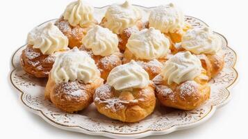 AI generated Cream Puffs, plate of cream puffs dusted with powdered sugar, background image, generative AI photo