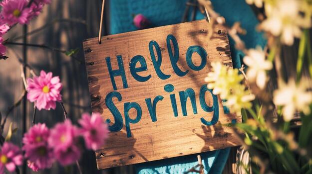 AI generated Photo of text 'Hello Spring' written with marker on wooden board, generative AI