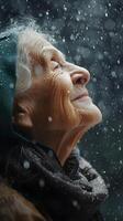 AI generated Side view portrait of a smiling elderly white female drenched in the pouring rain, generative AI, background image photo