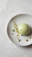 AI generated Minimalist Perfection, A single scoop of pistachio ice cream resting on a simple white plate, generative AI photo