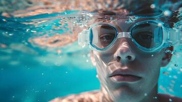 ai generado río submarino retrato de un joven blanco masculino vistiendo nadando gafas de protección, generativo ai, antecedentes imagen foto