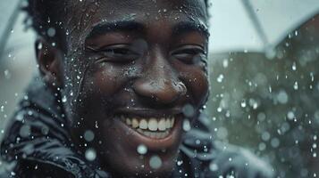 ai generado retrato de un sonriente joven negro masculino empapado en pesado lluvia, generativo ai, antecedentes imagen foto