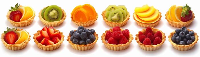 AI generated Fruit Tartlets, variety of fruit tartlets arranged in a visually appealing pattern on a white background, background image, generative AI photo