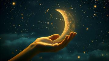 AI generated Magical crescent moon on hands, spiritual concept. photo