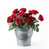 AI generated Still life with a bouquet of red roses in a silver bucket isolated on white background. photo