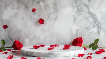 AI generated white marble podium with red roses and petal scatter around, suitable for beauty and natural product. photo