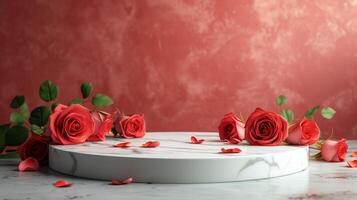 AI generated white marble podium with red roses and petal scatter around, suitable for beauty and natural product. photo