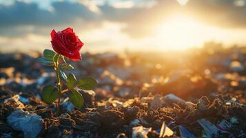 AI generated rose flower plant grows on top of garbage illuminated by natural light as symbol of hope photo