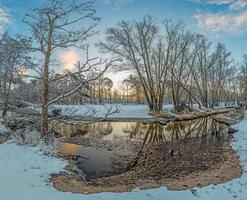 imagen de un corriente en invierno con un cubierto de nieve terraplén en el Mañana ligero foto