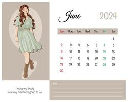 imprimible calendario junio 2024 con niña ilustración y afirmaciones para yo vector
