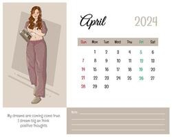 imprimible calendario abril 2024 con niña ilustración y afirmaciones para yo vector