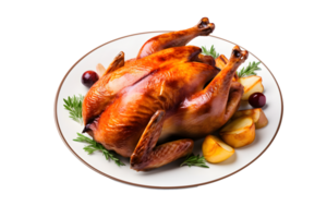 AI generated Roasted whole chicken with potatoes and cranberries on plate isolated on transparent background png