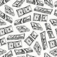 Money seamless pattern with wads of one hundred US dollar bills on a white background. Falling dollar stacks. Detailed monochrome vector illustration.