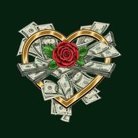 Composition with bundle of cash money in gold heart shaped frame, red rose with leaves in center. Concept of love of money. Vintage style. vector