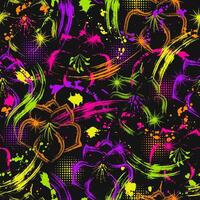 Seamless fantasy pattern with flowers, paint brush strokes, halftone shapes, spattered paint of neon bright colors. Virtual surreal nature Grunge style for sports goods, kids clothing vector