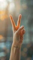 AI generated Close-up of female beautiful hand raising two fingers victory symbol, background image, generative AI photo