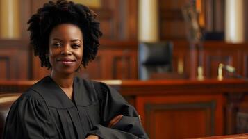 AI generated Portrait of a black female judge on duty against court atmosphere background, background image, generative AI photo