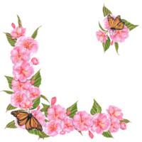 Hand-drawn watercolor illustration. Corner with sakura flowers and leaves and monarch butterflies. For greeting cards, posters, flyers, covers png