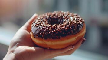 ai generado de cerca de un mujer mano participación un delicioso chocolate coronado rosquilla, antecedentes imagen, generativo ai foto