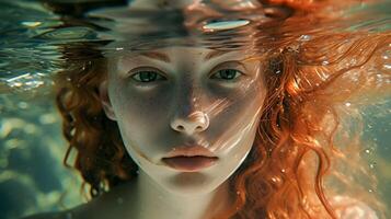 AI generated River underwater portrait of a red hair young white female, generative AI, background image photo