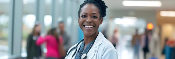 AI generated A middle-aged black female doctor smiles against the background of a busy hospital atmosphere, generative AI photo