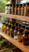 AI generated Natural Remedies Display, collection of herbal extracts, background image, generative AI photo