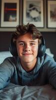 AI generated Portrait of a white teenage male smiling while wearing wireless headphones against his bedroom background, generative AI, background image photo