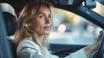 ai generado retrato de un contento blanco mujer de negocios conducción un lujo auto, generativo ai foto