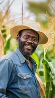 AI generated Portrait of a smiling black male corn farmer working in his harvest corn field, generative AI, background image photo