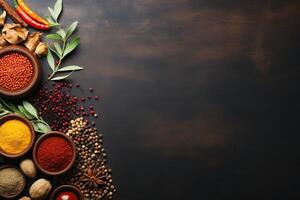 AI generated Variety of spices and herbs on dark wooden background photo