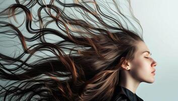 ai generado retrato de un hermosa joven mujer con volador cabello. belleza, moda. foto