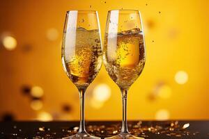 AI generated Two glasses of champagne with splashes and bokeh on yellow background photo