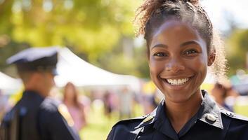 AI generated Smiling female police officer at outdoor event photo