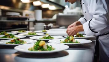 AI generated Chef meticulously garnishing dishes in professional kitchen photo