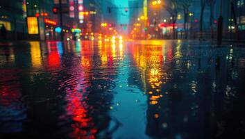 ai generado lluvioso día en el ciudad. borroso antecedentes de un ciudad calle a noche. foto