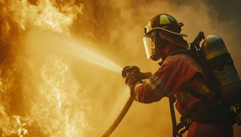 AI generated Firefighter battling intense flames with hose photo