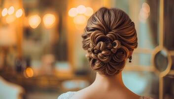 AI generated Beautiful bridal hairstyle in the interior of the room. photo