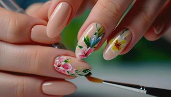 AI generated Woman creating floral nail art photo