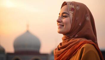 AI generated Portrait of beautiful muslim woman with hijab smiling at sunset outdoors photo