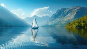 AI generated Serene fjord with sailing boat and mountains photo